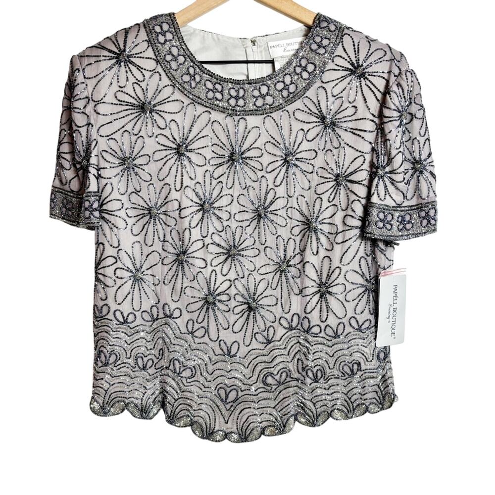 ADRIANNA PAPELL BOUTIQUE EVENING GREY FLORAL PRINT WOMEN SILK BLOUSE SIZE XL NEW
